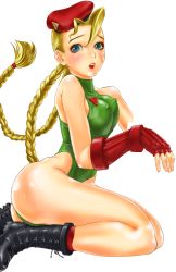 Rule 34 | 1girl, bad id, bad pixiv id, beret, blonde hair, blue eyes, blush, boots, braid, breasts, cammy white, capcom, covered erect nipples, fingerless gloves, gloves, hat, leotard, scar, solo, street fighter, sweat, touzai, twin braids