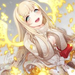 Rule 34 | 1girl, :d, absurdres, aqua eyes, blonde hair, breasts, cleavage cutout, clothing cutout, commentary request, energy wings, frills, half-closed eyes, high collar, highres, large breasts, long hair, looking at viewer, open mouth, petals, rapunzel (sinoalice), signature, sinoalice, sitting, smile, takamiya ren, teeth, upper teeth only, very long hair