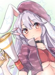 Rule 34 | 1girl, :3, animal ears, artist name, beret, blush, breasts, choker, closed mouth, collarbone, commentary request, crop top, cropped jacket, dutch angle, gradient background, green background, gun, hat, holding, holding gun, holding weapon, index finger raised, jacket, light purple hair, long hair, lunatic gun, medium breasts, midriff, onomiya, open clothes, open jacket, orange eyes, puffy short sleeves, puffy sleeves, purple jacket, rabbit ears, red shirt, reisen udongein inaba, reisen udongein inaba (flower viewing), shirt, short sleeves, simple background, smile, solo, star (symbol), touhou, touhou cannonball, trigger discipline, twitter username, underboob, upper body, weapon