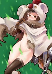 Rule 34 | 1girl, absurdres, arm guards, brown eyes, character hood, cloak, convenient censoring, final fantasy, final fantasy vii, final fantasy vii remake, fingerless gloves, gloves, green background, highres, hood, hooded cloak, light blush, looking at viewer, naked cloak, navel, robojanai, shuriken, single thighhigh, solo, thighhighs, weapon, yuffie kisaragi