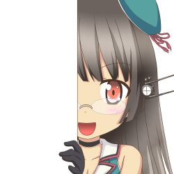 Rule 34 | &gt;:d, 10s, 1girl, :d, black gloves, breasts, brown hair, choker, choukai (kancolle), choukai kai ni (kancolle), cleavage, collarbone, glasses, gloves, hat, headgear, kantai collection, looking at viewer, medium breasts, nagineko, open mouth, peeking out, red eyes, school uniform, serafuku, smile, solo, transparent background, v-shaped eyebrows