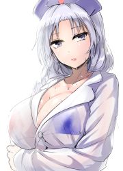 Rule 34 | 1girl, alternate costume, bikini, bikini under clothes, blush, braid, breast hold, breasts, cleavage, closed mouth, collarbone, commentary request, constellation, cross, expressionless, grey eyes, hat, highres, large breasts, lips, long hair, long sleeves, looking at viewer, nurse cap, red cross, see-through, shiny skin, shirt, silver hair, solo, sweat, swimsuit, touhou, upper body, wet, wet clothes, wet shirt, white shirt, y2, yagokoro eirin