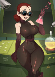 Rule 34 | !, 1girl, bare shoulders, barleyshake, black bodysuit, bodysuit, breasts, brown gloves, covered navel, elbow gloves, erlenmeyer flask, evil con carne, feet out of frame, flask, gloves, highres, major dr ghastly, medium breasts, narrow waist, open mouth, red hair, round-bottom flask, security camera, smile, solo, the grim adventures of billy &amp; mandy, thick thighs, thighs