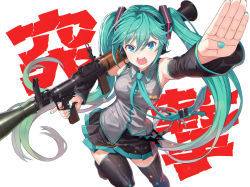 Rule 34 | 1girl, aqua eyes, aqua hair, aqua nails, aqua necktie, arm up, bare shoulders, black skirt, black sleeves, black thighhighs, commentary, contrapposto, detached sleeves, fingernails, grey shirt, hair ornament, hatsune miku, headphones, headset, high-explosive anti-tank (warhead), highres, itou (onsoku tassha), leg up, long hair, looking at viewer, man-portable anti-tank systems, miniskirt, nail polish, necktie, open mouth, outstretched arms, pleated skirt, redrawn, rocket-propelled grenade, rocket (projectile), rocket launcher, rpg, rpg-7, rpg (weapon), salute, shirt, shoulder tattoo, simple background, skindentation, skirt, sleeveless, sleeveless shirt, solo, tattoo, thighhighs, translated, trigger discipline, twintails, v-shaped eyebrows, very long hair, vocaloid, weapon, zettai ryouiki