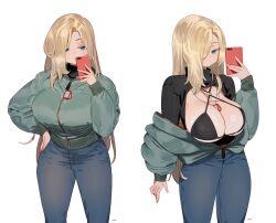 Rule 34 | 1girl, between breasts, blonde hair, blue eyes, breastless clothes, breasts, cellphone, cleavage, closed mouth, cowboy shot, criss-cross halter, denim, green jacket, hair over one eye, halterneck, hand on own hip, highres, jacket, jeans, jewelry, jitome, large breasts, light frown, long hair, looking at viewer, miami-chan (ryusei hashida), multiple views, necklace, o-ring, o-ring top, open clothes, open jacket, original, pants, phone, ryusei hashida, selfie, simple background, smartphone, strap gap, turtleneck, white background