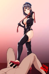 Rule 34 | 10s, 1boy, 1girl, black hair, breasts, censored, cleavage, clothed female nude male, dominatrix, elbow gloves, femdom, gloves, hat, hetero, high heels, kantai collection, looking down, lying, muscular, navel, nude, out of frame, penis, red eyes, shoejob, shoes, short hair, simple background, spread legs, standing, tadokoro nurikabe, takao (kancolle), thighhighs, whip