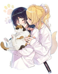 Rule 34 | 2girls, ^ ^, animal, animal ears, artist name, ayase eli, bad id, bad pixiv id, black hair, blonde hair, blue eyes, blush, calico, cat, closed eyes, copyright name, cropped torso, dog ears, dog tail, closed eyes, grin, hair ornament, hair over shoulder, hair scrunchie, hand on another&#039;s arm, highres, holding, holding animal, holding cat, jealous, kemonomimi mode, long hair, long sleeves, looking at another, love live!, love live! school idol project, low-tied long hair, multiple girls, paw print, pink scrunchie, ponytail, scrunchie, shirt, sidelocks, smile, tail, tojo nozomi, upper body, white background, white scrunchie, white shirt, yuri, zawawa (satoukibi1108)