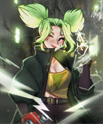 Rule 34 | 1girl, bandage on face, bandages, belt, breasts, cleavage, electricity, fingerless gloves, gloves, green hair, highres, jacket, league of legends, one eye closed, tank top, twintails, wink, zeri (league of legends)