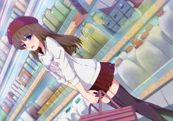 Rule 34 | 1girl, absurdres, beret, black thighhighs, blue eyes, blush, brown hair, convenience store, dedeyong, hat, highres, holding, hood, hoodie, indoors, long hair, looking at viewer, moving, open mouth, original, plaid, plaid skirt, pleated skirt, shop, shopping basket, skirt, sleeves pushed up, solo, thighhighs, unmoving pattern, zettai ryouiki