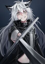 Rule 34 | 1girl, aiming, aiming at viewer, animal ears, arknights, black coat, coat, collared coat, crop top, evil grin, evil smile, fingerless gloves, gloves, grey background, grin, hair between eyes, hair ornament, hairclip, high collar, highres, holding, holding sword, holding weapon, lappland (arknights), long hair, long sleeves, looking at viewer, messy hair, navel, open clothes, open coat, outstretched arm, pointing sword, scar, scar across eye, sentou kouhei kitsune, smile, smirk, solo, sword, upper body, weapon, white gloves, white hair, wolf ears, wolf girl, yellow eyes