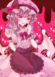Rule 34 | 1girl, :d, apron, blush, bow, bowtie, breasts, brooch, candy, center frills, chocolate, chocolate heart, commentary request, cowboy shot, dress, food, frills, hands up, hat, hat bow, heart, holding, holding chocolate, holding food, jaku sono, jewelry, looking at viewer, mob cap, open mouth, pink background, pink dress, pink eyes, pink hat, pointy ears, puffy short sleeves, puffy sleeves, purple hair, red apron, red bow, red bowtie, remilia scarlet, short hair, short sleeves, small breasts, smile, solo, touhou, wrist cuffs