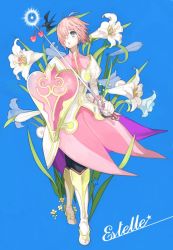Rule 34 | 00s, 1girl, blue background, blue eyes, boots, character name, estellise sidos heurassein, flower, knee boots, lily (flower), pink hair, rapier, shield, short hair, solo, sword, tales of (series), tales of vesperia, weapon
