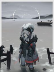 Rule 34 | 1girl, absurdres, bird, black shirt, boots, canoe, closed mouth, coat, crow, denim, falling feathers, feathers, gas mask, grey sky, hair over one eye, hands in pockets, hat, highres, jeans, k-rha&#039;s, looking at viewer, mask, mountainous horizon, multicolored hair, open clothes, open coat, original, outdoors, oversized clothes, pants, plague doctor mask, sailor hat, shirt, sky, wading, water, white headwear