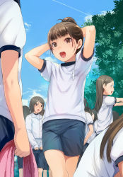 Rule 34 | 6+girls, arms behind head, arms up, blue sky, blunt bangs, blush, brown eyes, brown hair, clipboard, contrail, cowboy shot, day, hair bun, highres, long hair, looking away, multiple girls, original, out of frame, outdoors, outstretched arms, profile, shirt, short hair, single hair bun, sky, sody, standing, sweat, swept bangs, tareme, towel, white shirt