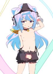 Rule 34 | 10s, 1boy, absurdres, bar censor, belly, black panties, blue hair, cat lingerie, censored, flaccid, foreskin, gloves, hacka doll, hacka doll 3, hair ribbon, highres, small penis, long hair, male focus, meme attire, mizugensui, nipples, object on head, panties, panties on head, penis, pointless censoring, purple eyes, ribbon, simple background, solo, testicles, transparent censoring, trap, underwear, very long hair, white gloves