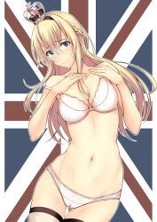 Rule 34 | 10s, 1girl, blonde hair, blue eyes, bra, braid, breasts, cameltoe, collarbone, commentary request, crown, england, eyebrows, flag background, french braid, gluteal fold, hair between eyes, hands on own chest, kantai collection, kuurunaitsu, long hair, looking at viewer, medium breasts, mini crown, navel, outline, panties, smile, solo, thighhighs, underwear, underwear only, union jack, united kingdom, warspite (kancolle), white bra, white outline, white panties, white thighhighs