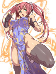 Rule 34 | 1girl, armband, black gloves, black thighhighs, breasts, china dress, chinese clothes, covered navel, dress, fingerless gloves, from below, gloves, green eyes, houtengeki, leg up, long hair, no panties, open mouth, original, pink hair, solo, thick thighs, thighhighs, thighs, twintails