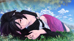 Rule 34 | 1girl, animal ear fluff, animal ears, black hair, breasts, brooch, cleavage, cloud, dappled sunlight, day, grass, highres, imaizumi kagerou, jewelry, looking at viewer, lying, mountain, nail polish, on side, outdoors, red eyes, red nails, sky, solo, sunlight, tenamaru, touhou, tree, under tree, wolf ears