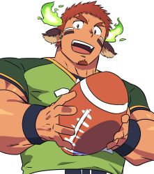 Rule 34 | 1boy, american football, american football (object), american football uniform, animal ears, ball, bara, brown eyes, brown hair, cow boy, cow ears, cow horns, dark-skinned male, dark skin, facial hair, fiery horns, forked eyebrows, from below, glowing horns, goatee, green shirt, highres, holding, holding ball, horns, looking at viewer, male focus, muscular, muscular male, ruizu (takakisan503), shirt, short hair, short sleeves, solo, spiked hair, sportswear, thick eyebrows, tight clothes, tight shirt, tokyo houkago summoners, upper body, wakan tanka