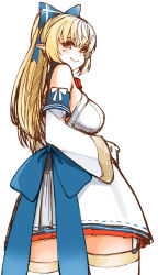 Rule 34 | 1girl, ass, blonde hair, blue bow, bow, breasts, brown eyes, detached sleeves, dress, from behind, gloves, hair behind ear, hair bow, hololive, huge bow, large breasts, pointy ears, ponytail, sazare (sazare az), shiranui flare, shiranui flare (1st costume), smile, solo, thighhighs, virtual youtuber, white background, white dress, white gloves, zettai ryouiki