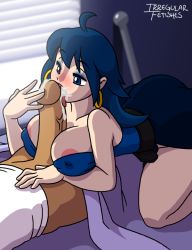 Rule 34 | 1boy, 1girl, ahoge, arc the lad, areola slip, ass, bare shoulders, bed, belt, blue eyes, blue hair, blue tube top, blush, breasts, cleavage, covered erect nipples, cum, cum in mouth, cum on tongue, dark skin, earrings, erection, eyeshadow, facial, fellatio, girl on top, hetero, hoop earrings, indoors, interracial, irregular fetishes, jewelry, large breasts, licking, long hair, makeup, neck, nipples, on bed, open mouth, oral, paizuri, penis, shante (arc the lad), bed sheet, strapless, thighs, tongue, tongue out, tube top, uncensored