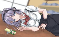Rule 34 | 10s, 1girl, black skirt, blue eyes, blurry, blurry background, bow, bowtie, breasts, closed mouth, dagashi kashi, depth of field, dutch angle, flower, food, frilled sleeves, frills, hair flower, hair ornament, hairband, high-waist skirt, high collar, indoors, large breasts, looking at viewer, lying, nail polish, on back, on side, ozaneko, purple hair, red bow, red bowtie, red nails, shidare hotaru, shirt, short hair, short sleeves, skirt, smile, solo, suspender skirt, suspenders, white shirt, wristband
