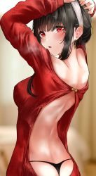 Rule 34 | 1girl, absurdres, arms up, back, back focus, backless outfit, black hair, black panties, breasts, breath, dress, earrings, from behind, gold earrings, hairband, highres, jewelry, lds (dstwins97), long hair, looking at viewer, looking back, medium breasts, panties, parted lips, red eyes, short hair with long locks, sidelocks, solo, spy x family, sweater, sweater dress, underwear, white hairband, yor briar