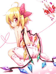 Rule 34 | 1girl, absurdres, ahoge, ayakashi (monkeypanch), back, blonde hair, bloomers, blush, bow, child, female focus, flandre scarlet, hair bow, highres, looking at viewer, looking back, pointy ears, red eyes, short hair, side ponytail, sitting, socks, solo, topless, touhou, underwear, underwear only, wariza, white bloomers, wings
