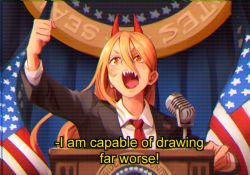 Rule 34 | + +, 1girl, american flag, black jacket, blonde hair, blouse, breasts, chainsaw man, clenched hand, collared shirt, cross-shaped pupils, demon girl, demon horns, english text, flag, formal, hair between eyes, horns, jacket, khyle., long hair, microphone, necktie, open mouth, podium, power (chainsaw man), red eyes, red horns, red necktie, scanlines, sharp teeth, shirt, solo, subtitled, symbol-shaped pupils, teeth, television, upper body, white shirt