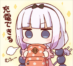 Rule 34 | 10s, 1girl, backpack, bag, beads, blue eyes, blunt bangs, blush, bow, capelet, chibi, commentary request, dress, hair beads, hair bow, hair ornament, hairband, holding, kanna kamui, kata meguma, kobayashi-san chi no maidragon, light purple hair, long hair, lowres, o o, solo, translated, twintails, you&#039;re doing it wrong