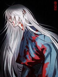 Rule 34 | 1boy, absurdres, arms at sides, black background, blood, blood from mouth, blood on clothes, blood on face, blue kimono, crying, fang, from side, gegege no kitarou, highres, ine (zx o4), japanese clothes, kimono, kitarou tanjou: gegege no nazo, logo, long hair, long sleeves, male focus, medama oyaji, medama oyaji (human), obi, parted lips, profile, sash, simple background, solo, upper body, very long hair, white hair