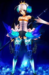 Rule 34 | 1girl, armor, armored dress, bad id, bad pixiv id, bare shoulders, blue background, blue theme, boots, chako nejio, crown, dress, gwendolyn (odin sphere), hat, kazuki, multicolored wings, odin sphere, purple eyes, solo, strapless, strapless dress, thigh boots, thighhighs, tube dress, white hair, wings