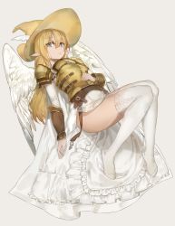 Rule 34 | 1girl, absurdres, angel wings, arm at side, armor, blonde hair, blue eyes, cape, free style (yohan1754), frilled skirt, frills, full body, grey background, hair between eyes, hat, hat feather, highres, long hair, looking at viewer, lying, nail polish, on back, original, parted lips, pauldrons, pelvic curtain, pink nails, pointy ears, shoulder armor, showgirl skirt, simple background, skirt, solo, thighhighs, vambraces, white cape, white thighhighs, white wings, wings