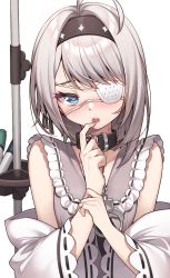 Rule 34 | 1girl, ahoge, black survival, blue eyes, collar, eyepatch, hairband, heart, heart-shaped pupils, highres, hop3, intravenous drip, looking at viewer, open mouth, short hair, simple background, sissela (black survival), solo, standing, symbol-shaped pupils, white background, white hair