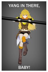 Rule 34 | 1girl, ahoge, belt, black gloves, blonde hair, blush, boots, breasts, brown belt, brown footwear, brown top, english text, female focus, fingerless gloves, gauntlets, gloves, long hair, looking at viewer, midriff, neckerchief, pun, purple eyes, rwby, simple background, single thighhigh, solo, text focus, thighhighs, waist cape, weapon, yang xiao long