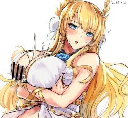 Rule 34 | 1boy, 1girl, azur lane, bar censor, blonde hair, blue eyes, blush, breasts, breasts squeezed together, censored, chain, crossed arms, cum, cum on body, cum on breasts, cum on upper body, dated, ejaculation, eyelashes, floating hair, flower ornament, hair ornament, hetero, kurokawa otogi, large breasts, laurel crown, long hair, looking at viewer, open mouth, out of frame, paizuri, penis, ribbon, upper body, veil, very long hair, victorious (azur lane), wrist ribbon