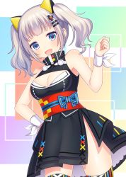 Rule 34 | 1girl, blue eyes, blush, breasts, cleavage, d-pad, d-pad hair ornament, grey hair, hair ornament, highres, kaguya luna, large breasts, looking at viewer, open mouth, short hair, short twintails, sleeveless, smile, solo, the moon studio, thighhighs, twintails, virtual youtuber, yamayu