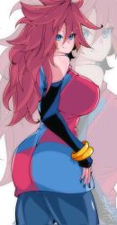 Rule 34 | 1girl, android 21, ass, bare shoulders, blue eyes, bracelet, breasts, brown hair, checkered clothes, detached sleeves, dragon ball, dragon ball fighterz, earrings, female focus, highres, hoop earrings, huge breasts, jewelry, kinakomochi (user vedc2333), long hair, looking at viewer, tagme