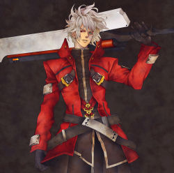 Rule 34 | 1boy, arc system works, bad id, bad pixiv id, belt, blazblue, evicom, evivi, gloves, green eyes, grey hair, heterochromia, highres, japanese clothes, male focus, ragna the bloodedge, red eyes, smile, solo, sword, weapon, white hair