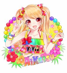 Rule 34 | 10s, 1girl, aikatsu!, aikatsu! (series), bare shoulders, blonde hair, copyright name, flower, hibiscus, highres, jewelry, michelle (ooo-anteat), midriff, nail polish, natsuki mikuru, necklace, open mouth, red eyes, short twintails, smile, solo, twintails, two side up, v