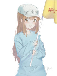 Rule 34 | 10s, 1girl, :d, ano54, blue shirt, blush, brown eyes, brown hair, commentary request, flag, flat cap, hair between eyes, hat, hataraku saibou, highres, holding, holding flag, long hair, long sleeves, looking at viewer, open mouth, platelet (hataraku saibou), round teeth, shirt, signature, simple background, sleeves past wrists, smile, solo, teeth, translation request, upper teeth only, very long hair, white background, white hat
