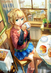 Rule 34 | 1girl, basket, blonde hair, blue eyes, blue skirt, boots, braid, candy, chair, cheese wheel, coffee mug, curtains, food, fork, french braid, from above, geetgeet, highres, indoors, knee boots, layered clothes, long sleeves, looking at viewer, miniskirt, mug, open mouth, open window, original, pink footwear, pink shirt, plant, plate, potted plant, shirt, short hair, sitting, skirt, solo, table, tablecloth, tile floor, tiles, town, window, windowsill