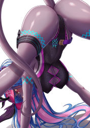 Rule 34 | 1girl, all fours, arm support, ass, bare shoulders, bent over, blush, breasts, cameltoe, colored skin, dark-skinned female, dark skin, earrings, fate/grand order, fate (series), grey skin, highleg, highleg swimsuit, highres, horns, huge ass, ibuki douji (fate), ibuki douji (swimsuit berserker) (fate), ibuki douji (swimsuit berserker) (first ascension) (fate), jewelry, large breasts, long hair, looking at viewer, multicolored hair, one-piece swimsuit, oni, oni horns, red eyes, shiny skin, solo, swimsuit, tail, tako seijin, thigh strap, very long hair, wide hips