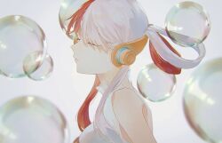 Rule 34 | 1girl, bubble, closed eyes, commentary, headphones, highres, machida 0906, multicolored hair, one piece, one piece film: red, profile, red hair, shirt, solo, two-tone hair, upper body, uta (one piece), white hair, white shirt