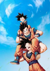Rule 34 | 3boys, :d, ^ ^, black hair, blue footwear, blue sky, blurry, bokeh, boots, brothers, carrying, child, closed eyes, cloud, cloudy sky, d:, day, depth of field, dougi, dragon ball, dragonball z, dutch angle, father and son, fingernails, fisheye, full body, grass, hands on another&#039;s knees, hands on another&#039;s leg, happy, highres, looking at another, looking down, male focus, mattari illust, multiple boys, open mouth, outdoors, shoulder carry, siblings, sky, smile, son gohan, son goku, son goten, spiked hair, standing, teeth, upper body, wind, wind lift, wristband