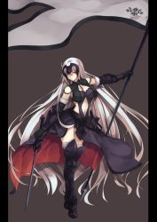 Rule 34 | 1girl, absurdly long hair, ahoge, armor, armored boots, black gloves, blonde hair, boots, breasts, chain, cleavage, cleavage cutout, clothing cutout, dress, fate/grand order, fate (series), flag, flagpole, full body, fur trim, gloves, grey background, hair between eyes, headpiece, holding, holding sword, holding weapon, jeanne d&#039;arc (fate), jeanne d&#039;arc alter (avenger) (fate), jeanne d&#039;arc alter (avenger) (third ascension) (fate), jeanne d&#039;arc alter (fate), karakura, long hair, looking at viewer, medium breasts, navel, navel cutout, pillarboxed, polearm, simple background, solo, standing, sword, vambraces, very long hair, weapon, yellow eyes