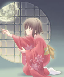 Rule 34 | 1girl, brown hair, closed eyes, full moon, japanese clothes, kimono, kneeling, kurasawa kyoushou, moon, original, short hair, solo