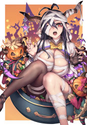Rule 34 | 1girl, antenna hair, bandage over one eye, bandaged arm, bandaged head, bandaged leg, bandages, black gloves, black hair, bow, bowtie, breasts, brown pantyhose, candy, cleavage, danua, draph, fingerless gloves, food, gloves, granblue fantasy, gretel (granblue fantasy), hair between eyes, halloween, hansel (granblue fantasy), highres, horn ornament, horns, jack-o&#039;-lantern, large breasts, long hair, looking at viewer, nail polish, oopartz yang, open mouth, panties, pantyhose, pointy ears, pot, purple hair, purple nails, red eyes, scythe, single glove, skindentation, solo, star (symbol), underwear, white panties, yellow bow, yellow bowtie