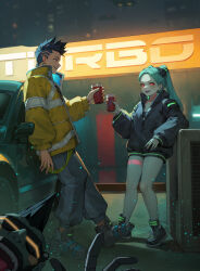 Rule 34 | 1girl, 2boys, :d, artificial eye, black bra, black footwear, black hair, black jacket, black shirt, blue pants, bra, breasts, car, colored sclera, commentary request, cup, cyberpunk (series), cyberpunk edgerunners, cyborg, david martinez, disposable cup, drink, green hair, highres, holding, holding cup, holding drink, iamc95, jacket, long sleeves, mechanical eye, motor vehicle, multiple boys, night, night sky, open clothes, open jacket, open mouth, outdoors, pants, partially unzipped, petite, pilar (cyberpunk), rebecca (cyberpunk), red eyes, red sclera, shirt, shoes, short hair, sky, small breasts, smile, spiked hair, strapless, strapless bra, teeth, thighs, tongue, tongue out, twintails, undercut, underwear, upper teeth only, yellow jacket