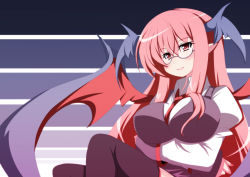 Rule 34 | 1girl, :d, bat wings, bespectacled, between breasts, black legwear, blush, breast hold, breasts, dress shirt, embodiment of scarlet devil, female focus, glasses, head wings, highres, impossible clothes, impossible shirt, koakuma, large breasts, long hair, nail polish, necktie, oborotsuki kakeru, open mouth, pink hair, pointy ears, red eyes, red hair, red nails, red necktie, shirt, skindentation, skirt, skirt set, smile, solo, touhou, vest, wings